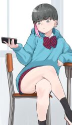  ayatak0517 black_socks blue_hoodie bow bowtie cellphone chair colored_inner_hair cross cross_earrings crossed_legs desk ear_piercing earclip earrings female grey_eyes grey_hair highres holding holding_phone hood hoodie jewelry komi-san_wa_komyushou_desu looking_at_viewer multicolored_hair on_chair phone piercing pink_hair red_bow red_bowtie red_skirt school_chair school_desk shiina_muzuka sitting skirt smartphone socks solo striped_bow striped_bowtie striped_clothes striped_skirt 