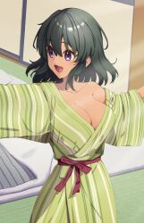  absurdres blush breasts cleavage dark-skinned_female dark_skin female green_hair green_kimono highres idolmaster idolmaster_cinderella_girls idolmaster_cinderella_girls_starlight_stage japanese_clothes kimono knightsaru large_breasts looking_back natalia_(idolmaster) no_bra off_shoulder open_mouth print_kimono purple_eyes sash short_hair smile solo striped_clothes striped_kimono two-tone_kimono vertical-striped_clothes vertical-striped_kimono white_kimono wide_sleeves yukata 