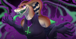  abstract_background anthro black_clothing black_topwear blue_eyes clothed clothing cross fangs half-length_portrait hi_res jewelry looking_at_viewer male necklace open_mouth orange_body portrait pupils purple_pupils purple_sclera reptile santanahoffman scales scalie sharp_teeth snake solo tan_body tan_scales teeth tongue tongue_out topwear 