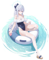  absurdres blue_archive blue_halo breasts casual_one-piece_swimsuit commentary facing_viewer female frilled_one-piece_swimsuit frills full_body grey_hair halo highleg highleg_one-piece_swimsuit highres holding holding_phone kuyoumi legs long_hair looking_down medium_breasts miyako_(blue_archive) miyako_(swimsuit)_(blue_archive) off-shoulder_one-piece_swimsuit off_shoulder official_alternate_costume on_innertube one-piece_swimsuit parted_lips phone ponytail purple_eyes see-through see-through_legwear sitting solo swimsuit thighhighs water wet white_thighhighs 