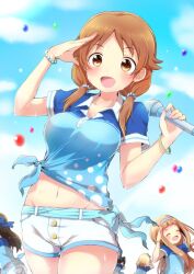  5girls balloon bead_bracelet beads blue_bow blue_shirt blue_sky blue_trim blurry blush bow bracelet breasts brown_eyes brown_hair cleavage collarbone cowboy_shot day depth_of_field dot_nose holding holding_microphone ichihara_nina idolmaster idolmaster_cinderella_girls idolmaster_cinderella_girls_starlight_stage jewelry katagiri_sanae large_breasts looking_at_viewer low_twintails microphone midriff multiple_girls nakano_yuka navel numahito open_mouth outdoors polka_dot polka_dot_shirt sakurai_momoka shirt short_hair short_sleeves shorts sky smile solo_focus sparkle standing sweat tachibana_arisu tied_shirt twintails waist_bow white_shorts 