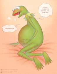  1boy big_belly black_eyes blush chanti_(chantilin) commentary english_commentary english_text frog_boy full_body heavy_breathing kermit_the_frog male_focus male_pregnancy muppets patreon_username pink_background solo sweat twitter_username twitter_x_logo web_address 