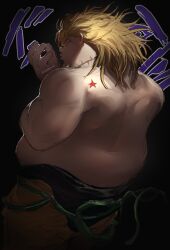  1boy absurdres blonde_hair cosplay dio_brando dio_brando&#039;s_pose_(jojo) dio_brando_(cosplay) family_guy fat fat_man from_behind highres jojo_no_kimyou_na_bouken jojo_pose kowai_(iamkowai) male_focus pants peter_griffin red_eyes scar scar_on_neck solo star_tattoo stardust_crusaders tattoo topless_male twitter_username yellow_pants 