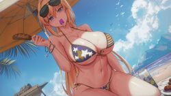  alternate_costume american_flag american_flag_bikini american_flag_print beach bikini bird blonde_hair blue_eyes breasts collarbone corona_(brand) eyewear_on_head flag_print food glasses highres kakeku large_breasts mountain mountainous_horizon navel original popsicle print_bikini sausage sunglasses swimsuit 