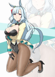  alternate_costume animal_ears black_bow black_bowtie black_footwear black_gloves black_leotard blue_hair bow bowtie braid breasts brown_pantyhose cleavage commentary_request covered_navel deno_(denomina0) female full_body gloves highres horse_ears horse_tail kneeling large_breasts leotard long_hair long_sleeves mejiro_ardan_(umamusume) pantyhose playboy_bunny purple_eyes shoes solo tail umamusume zoom_layer 