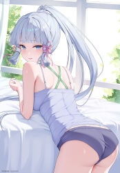  absurdres alternate_costume ass back bare_arms bed_sheet blue_camisole blue_eyes blue_panties blush camisole commentary_request female from_behind genshin_impact hair_ribbon hair_tubes highres indoors kamisato_ayaka looking_at_viewer looking_back on_bed open_mouth paid_reward_available panties patreon_username pink_ribbon ponytail ribbon rosumerii smile solo spaghetti_strap thighs underwear 