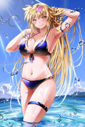  bikini blonde_hair blue_bikini blue_sky cloud eyewear_on_head fate_testarossa highres lyrical_nanoha magical_girl mahou_shoujo_lyrical_nanoha mountainous_horizon navel o-ring o-ring_bottom ocean partially_submerged red_eyes sky sougetsu_izuki swimsuit thigh_strap wet 