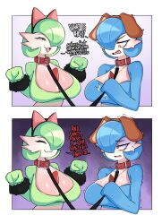  2024 absurd_res big_breasts blue_body blue_hair breasts collar dialogue duo english_text fake_cat_ears fake_dog_ears fake_ears female gardevoir generation_3_pokemon green_body green_hair hair hair_over_eye hi_res humanoid leash nintendo not_furry pokemon pokemon_(species) saltyxodium shiny_pokemon text white_body wozzu1 