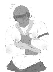  ... 1boy aymie_(aycherst) bara bare_pectorals blush call_of_duty call_of_duty:_modern_warfare_2 covered_face gloves helmet highres horangi_(modern_warfare_2) large_pectorals lifting_own_clothes looking_at_viewer male_focus mask monochrome muscular muscular_male navel nipple_piercing nipples open_fly pants pectorals piercing shirt_grab shy simple_background solo standing sunglasses 