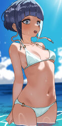  absurdres audio_jack bikini blunt_bangs blush boku_no_hero_academia breasts collarbone commentary female highres jirou_kyouka long_earlobes looking_at_viewer navel open_mouth short_hair small_breasts solo swimsuit water white_bikini zd_(pixiv6210083) 