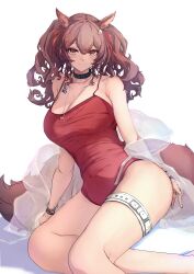  absurdres angelina_(arknights) angelina_(summer_flower)_(arknights) animal_ears arknights belt black_collar breasts brown_hair casual_one-piece_swimsuit cleavage closed_mouth collar commentary_request female fox_ears fox_girl fox_tail highres jewelry large_breasts long_hair mariko_y7 material_growth necklace official_alternate_costume one-piece_swimsuit oripathy_lesion_(arknights) red_eyes red_one-piece_swimsuit sitting solo swimsuit tail thigh_belt thigh_strap twintails white_belt yokozuwari 