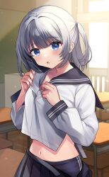  black_sailor_collar black_skirt blue_eyes blue_shorts chair collarbone commentary_request day desk female grey_hair gym_shorts highres indoors long_sleeves looking_at_viewer minami_saki navel open_clothes open_skirt original parted_lips pleated_skirt puffy_long_sleeves puffy_sleeves sailor_collar school_chair school_desk school_uniform serafuku shirt shorts shorts_under_skirt skirt solo sunlight two_side_up undressing white_shirt window 