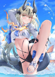  ahoge arknights arm_behind_head arm_up ass_visible_through_thighs bikini black_bikini breasts closed_mouth crop_top crop_top_overhang dragon_horns dragon_tail female gradient_hair green_eyes highres horns leg_up long_hair long_sleeves looking_at_viewer medium_breasts multi-strapped_bikini_bottom multicolored_hair navel neckerchief official_alternate_costume outdoors reed_(arknights) reed_the_flame_shadow_(arknights) reed_the_flame_shadow_(summer_flowers)_(arknights) sailor_collar sailor_shirt sandals see-through shirt smile solo standing standing_on_one_leg stomach string_bikini swimsuit tail thigh_strap thighs very_long_hair wading water wet white_hair white_shirt yeosi 