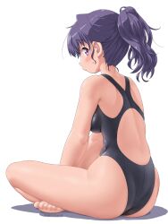  ass bare_legs barefoot breasts butterfly_sitting competition_swimsuit dd_(ijigendd) feet female highres looking_at_viewer looking_back medium_breasts on_ground one-piece_swimsuit original ponytail purple_eyes purple_hair school_swimsuit sitting solo sweatdrop swimsuit toes v_arms 