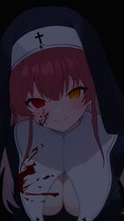  absurdres black_dress black_hat blood blood_on_clothes blood_on_face breasts coif cross cross_print crossed_bangs dark dress empty_eyes evil_smile female fuminshou_(nekopan_art) hair_between_eyes hat heterochromia highres hololive houshou_marine houshou_marine_(nun) latin_cross leaning_forward light_blush long_hair looking_at_viewer medium_breasts nun orange_eyes red_eyes red_hair sidelocks smile upper_body virtual_youtuber yandere 