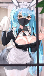  absurdres against_glass animal_ears apron azur_lane black_dress blue_hair blurry blurry_background blurry_foreground boise_(azur_lane) bow bowtie breast_press breasts brooch cleaning cleavage cleavage_cutout clothing_cutout collared_dress cowboy_shot curvy dress female frilled_dress frills hair_between_eyes highres jewelry kuon_(kuon) large_breasts leaning_forward long_sleeves maid maid_headdress mask mouth_mask pantyhose rabbit_ears solo waist_apron white_pantyhose window wiping yellow_eyes 