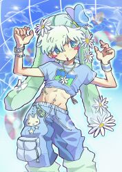  1boy animal_ears aqua_eyes blush_stickers bracelet bubble bug butterfly cd commentary daisy fake_animal_ears flower frutiger_aero green_hair hashtag-only_commentary highres iketawa_000 jewelry male_focus midriff navel necklace original short_hair solo standing tamagotchi tamagotchi_(virtual_pet) y2k_(fashion) 