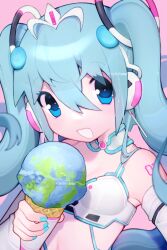  aqua_nails bikini blue_eyes blue_hair commentary cyber_fashion earth_(planet) female food food_art goodsmile_racing hair_between_eyes hatsune_miku highres holding holding_food holding_ice_cream ice_cream ice_cream_cone long_hair looking_at_viewer nail_polish planet racing_miku racing_miku_(2012) rinihimme solo swimsuit symbol-only_commentary tattoo twintails very_long_hair vocaloid watermark 