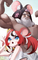  1boy absurdres animal_ear_hood animal_ears animal_hood appleblossomtea beard black_eyes black_hair blue_eyes cheese collar cropped_shirt facial_hair female flexing food hakos_baelz highres hololive hololive_english hood jewelry key key_necklace mouse_ears mouse_girl mousetrap multicolored_hair muscular muscular_male necklace old old_man open_mouth red_hair shirt simple_background spiked_collar spikes strapless strapless_shirt streaked_hair topless_male twintails virtual_youtuber white_background white_hair 