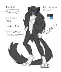  anthro black_body black_fur black_hair black_nose blue_eyes cheek_tuft domestic_cat english_text facial_tuft felid feline felis fluffy fluffy_tail fur hair long_hair male mammal neck_tuft reakuthecrate solo sparkles_(reakuthecrate) tail text tuft tuxedo_cat 