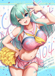  akizuki_akina alternate_costume aqua_hair blue_eyes breasts cheerleader crop_top female hair_between_eyes highres holding holding_pom_poms kantai_collection large_breasts long_hair midriff miniskirt navel neckerchief one_eye_closed pleated_skirt pom_pom_(cheerleading) skirt solo suzuya_(kancolle) yellow_neckerchief 