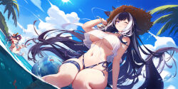  3girls bikini black_hair blue_sky bracelet breasts brown_hat cetacean_tail character_request cloud commentary_request day fins fish_tail hat indie_virtual_youtuber jewelry large_breasts long_hair looking_at_viewer mitsu_(mitsu_art) multicolored_hair multiple_girls navel ocean one_eye_closed orca_girl outdoors partially_submerged patreon_username shylily sky solo_focus straw_hat summer sun swimsuit tail two-tone_hair underboob virtual_youtuber white_bikini white_hair 