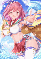  ;d bad_arm blue_sky blush braid breasts brown_eyes cloud comiket_104 commentary_request crop_top day female frilled_sailor_collar frilled_skirt frills hair_ornament hairclip highres hoshizaki_akari large_breasts looking_at_viewer midriff navel one_eye_closed ongeki outdoors pink_hair pleated_skirt red_sailor_collar red_skirt sailor_collar skirt sky smile solo thighhighs twin_braids water waves white_thighhighs wrist_cuffs xenon_(for_achieve) 