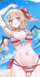  absurdres alternate_costume arm_up armpits bikini blonde_hair blush choker cross crystal_wings dutch_angle female flandre_scarlet front-tie_bikini_top front-tie_top hair_ornament hair_ribbon hairclip highres open_mouth outdoors pointy_ears psh5528 red_choker red_eyes red_ribbon ribbon ribbon-trimmed_bikini short_hair solo swimsuit touhou vampire 