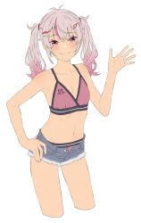  akitetsu bikini blush cropped_legs denim denim_shorts female hair_ornament hairclip hand_on_own_hip hand_up highres looking_at_viewer matsukai_mao multicolored_hair nijisanji pink_eyes pink_hair short_shorts shorts simple_background solo swimsuit twintails two-tone_hair virtual_youtuber white_background 