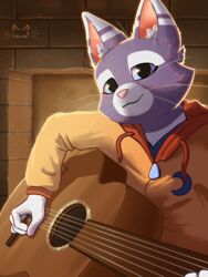  absurd_res anthro blue_eyes clothing domestic_cat felid feline felis fur guitar hi_res hoodie liam_(lorcat) lorcat male mammal musical_instrument plucked_string_instrument purple_body solo string_instrument subsurface_scattering topwear whiskers white_body white_fur 