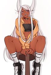  alternate_costume animal_ears between_legs black_choker black_footwear black_tube_top boku_no_hero_academia breasts choker collarbone colorized commentary crop_top dark-skinned_female dark_skin english_commentary female full_body hand_between_legs highres jacket koyap legs long_eyelashes long_hair looking_at_viewer medium_breasts mirko notice_lines o-ring o-ring_choker orange_jacket rabbit_ears rabbit_girl red_eyes second-party_source signature sitting smile socks solo strapless swept_bangs teeth thick_thighs thighs toned_female tube_top upper_teeth_only ureazure very_long_hair white_background white_hair white_socks wooden_stool 