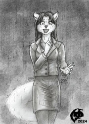  2024 5_fingers anthro arctic_wolf bottomwear breasts canid canine canis clothed clothed_anthro clothed_female clothing fangs female fingers fur ghostwolf hair humanoid_hands mammal raining sara_kincaide shocked signature skirt solo teeth tongue wolf 