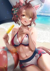  ahoge animal_ears ball beachball bikini blue_sky breasts brown_eyes brown_hair cleavage closed_mouth cloud cloudy_sky collarbone commentary_request dantsu_flame_(umamusume) day ear_covers ear_ornament female food hair_between_eyes hair_ornament highres holding holding_food holding_popsicle horse_ears horse_girl horse_tail large_breasts lens_flare licking_lips looking_at_viewer navel ocean otono_(bkt4b) outdoors popsicle shorts sitting sky solo stomach swimsuit tail tongue tongue_out umamusume wariza white_bikini 