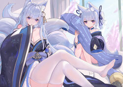  2girls absurdres animal_ear_fluff animal_ears azur_lane bare_shoulders blue_collar blue_eyes blue_kimono blue_ribbon breasts cleavage collar collarbone fox_ears fox_girl fox_tail grey_tail hair_ribbon highres holding holding_pillow huge_breasts japanese_clothes kimono kitsune kyuubi large_breasts large_tail looking_at_viewer mother_and_daughter multiple_girls multiple_tails pillow purple_eyes ribbon shinano-chan_(azur_lane) shinano_(azur_lane) skirt skirt_under_kimono sleeves_past_fingers sleeves_past_wrists tail thighhighs white_leg_warmers white_skirt white_thighhighs wide_sleeves xian_yu_qiezi_bao333 zettai_ryouiki 