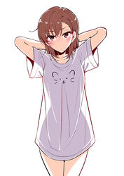  arms_behind_head arms_up blush brown_eyes brown_hair chinese_commentary closed_mouth commentary_request cowboy_shot fei_luo_mao female highres medium_hair meme misaka_mikoto naked_shirt no_pants pajamas_challenge_(meme) photoshop_(medium) print_shirt see-through_silhouette shirt short_sleeves simple_background solo t-shirt toaru_kagaku_no_railgun toaru_majutsu_no_index v-shaped_eyebrows white_background white_shirt 