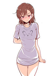  arm_at_side arm_behind_back blush brown_eyes brown_hair chinese_commentary closed_mouth commentary_request cowboy_shot embarrassed fei_luo_mao female highres medium_hair meme misaka_mikoto naked_shirt no_pants pajamas_challenge_(meme) photoshop_(medium) print_shirt shirt short_sleeves simple_background solo t-shirt thigh_gap toaru_kagaku_no_railgun toaru_majutsu_no_index v-shaped_eyebrows wavy_mouth white_background white_shirt 