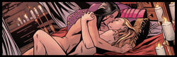  2girls black_hair blonde_hair candelabra candle candlestand closed_eyes completely_nude covering_breasts covering_privates dc_comics fire from_side hug kissing long_hair moaning multiple_girls non-web_source nude nyssa_al_ghul sara_lance western_comics_(style) yuri 