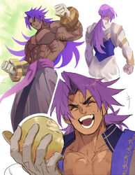  1boy abs aono_nono bare_pectorals bhima_(fate) bhima_(second_ascension)_(fate) closed_eyes collage dark-skinned_male dark_skin fate/grand_order fate_(series) food food_bite fruit gauntlets holding holding_food holding_fruit large_pectorals long_hair male_focus muscular muscular_male pectorals purple_hair purple_vest smile upper_body very_long_hair vest 