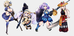  4girls absurdres alternate_costume ayanami_(azur_lane) azur_lane azure_(armor) bad_id bad_pixiv_id bare_shoulders blue_dress blue_eyes blue_footwear blue_skirt bnahabra_(armor) boots breasts center_opening crop_top crossover detached_sleeves dress fingerless_gloves floral_dress fur_trim gloves grey_background gun hair_over_one_eye hammer hat highres holding holding_gun holding_hammer holding_sword holding_weapon javelin_(azur_lane) laffey_(azur_lane) lagombi_(armor) lance large_breasts leg_up light_purple_hair long_hair looking_at_viewer manjuu_(azur_lane) medium_hair midriff miniskirt monster_hunter_(series) multiple_girls open_mouth platinum_blonde_hair polearm ponytail purple_hair red_eyes rifle shield short_sleeves simple_background skindentation skirt sledgehammer small_breasts straw_hat sword tadai_nu thighhighs twintails very_long_hair weapon yukumo_(armor) z23_(azur_lane) zettai_ryouiki 