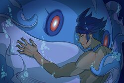  1boy air_bubble blue_hair bubble closed_mouth commentary dark-skinned_male dark_skin goggles goggles_around_neck hand_up highres jellicent jellicent_(male) male_focus marlon_(pokemon) natalia_baldina pokemon pokemon_(creature) pokemon_bw2 red_eyes short_hair swept_bangs tentacle topless_male underwater 