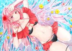  akasaka_asa arms_up azur_lane bikini black_bikini breasts caustics closed_mouth collarbone female flower frilled_bikini frills groin halterneck hibiscus long_hair looking_at_viewer lying medium_breasts navel official_alternate_costume on_back pink_eyes pink_hair princeton_(azur_lane) princeton_(seaside_training)_(azur_lane) red_bikini red_flower solo stomach sunflower swimsuit thigh_gap thigh_strap thighs two-tone_bikini very_long_hair water yellow_flower 