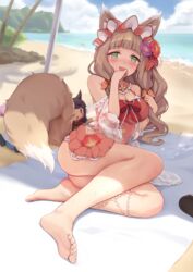  absurdres alpha_(alpha91) animal_ear_fluff animal_ears ass bangs banned_artist beach blurry blurry_background blush breasts brown_hair cleavage cloud cup day feet female fox_ears fox_girl fox_tail full_body green_eyes heart heart-shaped_pupils highres kasumi_(princess_connect!) legs long_hair looking_at_viewer maho_(princess_connect!) oerba_yun_fang official_alternate_costume one-piece_swimsuit open_mouth outdoors palm_tree parasol pink_swimsuit princess_connect! skin_fang sky solo spill stuffed_toy sweat swimsuit symbol-shaped_pupils tail towel tree umbrella water wavy_hair 