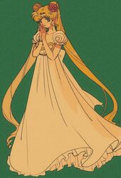  bead_bracelet beads bishoujo_senshi_sailor_moon blonde_hair blue_eyes bracelet commentary_request crescent crescent_facial_mark double_bun dress earrings facial_mark female film_grain flower forehead_mark full_body hair_bun hair_flower hair_ornament jewelry long_hair looking_at_viewer own_hands_clasped own_hands_together pikurusu princess_serenity rose solo tsukino_usagi twintails very_long_hair white_dress 