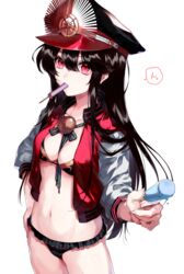  bikini black_bikini black_hair breasts commentary cowboy_shot fate/grand_order fate_(series) female food food_in_mouth foreshortening giving hair_between_eyes hand_on_own_hip hat jacket jewelry kuga_huna long_hair long_sleeves looking_at_viewer military_hat navel necklace oda_nobunaga_(fate) oda_nobunaga_(swimsuit_berserker)_(fate) oda_nobunaga_(swimsuit_berserker)_(first_ascension)_(fate) oda_nobunaga_(swimsuit_berserker)_(second_ascension)_(fate) open_clothes open_jacket peaked_cap popsicle red_eyes simple_background small_breasts solo speech_bubble swimsuit track_jacket white_background 