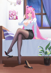  absurdres alternate_costume bell black_footwear black_pantyhose black_skirt blush braid breasts cleavage collarbone condom condom_in_mouth crossed_legs curtains elysia_(herrscher_of_human:_ego)_(honkai_impact) elysia_(honkai_impact) elysia_(peachy_spring)_(honkai_impact) female flower hair_bell hair_between_eyes hair_flower hair_ornament high_heels highres honkai_(series) honkai_impact_3rd indoors large_breasts legs long_hair looking_at_viewer mouth_hold nanqizizhou on_bed open_clothes open_shirt oral_invitation pantyhose pencil_skirt pillow pink_hair pink_nails plant poster_(object) potted_plant purple_eyes shirt single_braid sitting skirt star_(symbol) unworn_footwear very_long_hair white_shirt window 