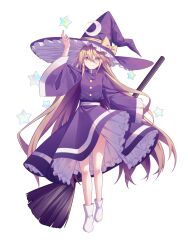  absurdres blonde_hair bow broom chinese_commentary closed_mouth commentary_request crescent crescent_hat_ornament dress female hat hat_bow hat_ornament highres holding holding_broom kirisame_marisa kirisame_marisa_(pc-98) long_hair long_sleeves minuo purple_dress smile socks solo star_(symbol) touhou touhou_(pc-98) very_long_hair white_socks wide_sleeves witch_hat yellow_bow yellow_eyes 