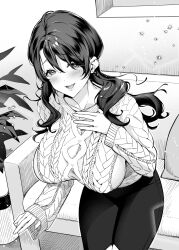  aran_sweater blush breasts cable_knit collarbone couch eyelashes female giuniu greyscale hand_on_own_chest large_breasts long_hair mole mole_under_eye monochrome open_mouth otoko_girai_na_bijin_shimai_wo_namae_mo_tsugezu_ni_tasuketara_ittai_dounaru? pants plant second-party_source shinjou_sakina solo sparkle sweater 