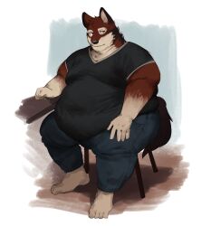  4_toes 5_fingers anthro belly_overhang big_moobs black_body black_clothing black_fur black_nose black_shirt black_topwear bottomwear brown_eyes canid canine canis chest_tuft clothing denim denim_bottomwear denim_clothing double_chin echo_(game) echo_(series) echo_project facial_tuft fattybread feet fingers fur furniture head_tuft hi_res jeans leo_alvarez looking_aside male mammal moobs multicolored_body multicolored_fur neutral_expression obese obese_anthro obese_male overweight overweight_anthro overweight_male pants red_body red_fur shadow shirt sitting sitting_on_stool solo table tan_body tan_fur thick_arms thick_thighs toes topwear tuft v-neck wolf 