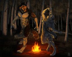  anthro aspen_tree breasts campfire canid canine canis celestialwolf claws closed_eyes dancing duo fangs female forest fur happy hi_res lazywolf looking_at_another male mammal mythological_canine mythological_creature mythology naturally_censored nude open_mouth paws plant smile tail tail_motion teeth tongue tree wagwolftail were werecanid werecanine werewolf windwo1f wolf woofy 