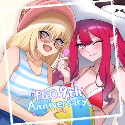  2girls aesc_(fate) ball baobhan_sith_(fate) beachball bikini blonde_hair blue_eyes blue_shirt blush breasts cleavage fate/grand_order fate_(series) grey_eyes hat highres kawairuka_ko looking_at_viewer mother_and_daughter multiple_girls one_eye_closed open_mouth pink_hair pink_hat pointy_ears red_bikini red_nails round_eyewear shirt sidelocks smile striped_clothes striped_shirt swimsuit upper_body white_hat white_shirt 